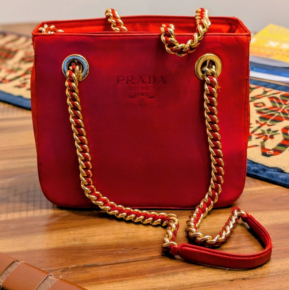 VTG Prada Red Leather Chain-Handle Shoulder Bag